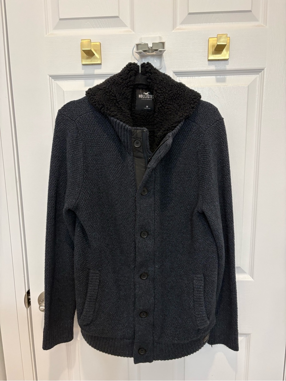 Hollister Men's Dark Gray Sherpa Collar Button-Front Cardigan #1406